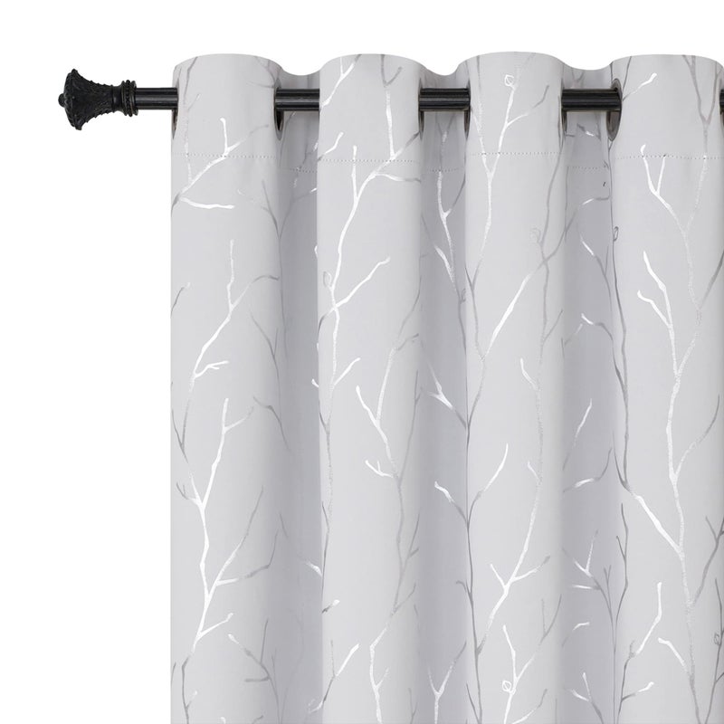 BUHUA White Black Out Curtains 63 Inch Long 2 Panels, Soundproof Curtains with Elegant Silver Tree Branches Print, Window Treament for Livingroom, 52W x 63L, Greyish White - Image 1